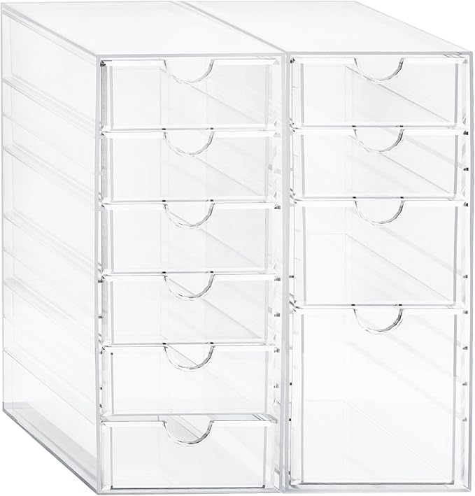 Prsildan Acrylic Drawer Makeup Organizer with 10 Drawers, Set of 2 Office Desk Organizers Accessories, Clear Stackable Storage Drawers for Vanity, Countertop, Craft, Jewelry, Art Supply Organization