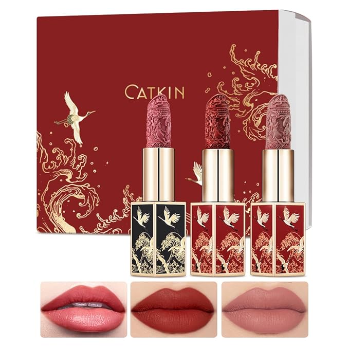 Catkin Carving Lipstick 3pcs Set Silky Smooth Moisture Long Lasting Highly Pigmented Waterproof for Lip Color Makeup 0.13 Ounce X 3 Gift for women
