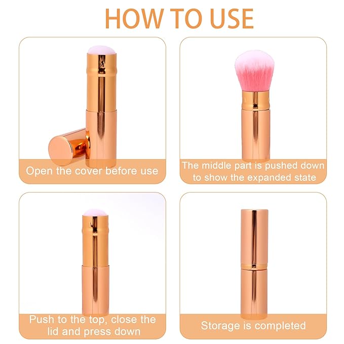 Retractable Blusher Brush with Cover, 2 Pack Travel Kabuki Bronzer Makeup Brush Liquid Cream Foundation Powder Brush Extensible Face Blender Brush Professional Concealer Brush for Women (Gold & Black)