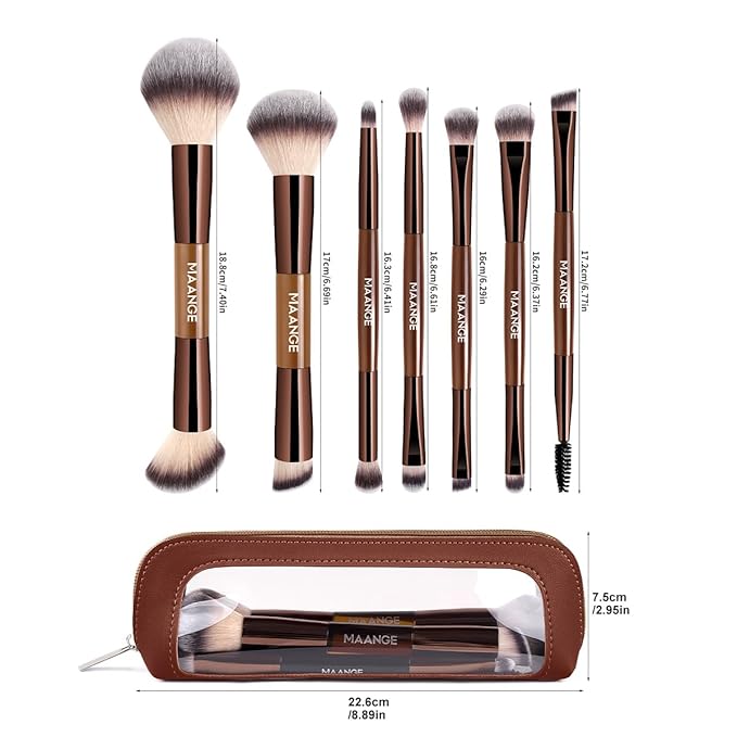 MAANGE 7 PCS Foundation Makeup Brush Set With Bag, Make up Brushes, Eyeshadow Concealer Brush, Double-ended Foundation Contour Powder Blush, Professional Face brush Set Tools For Liquid,Cream(Apricot)
