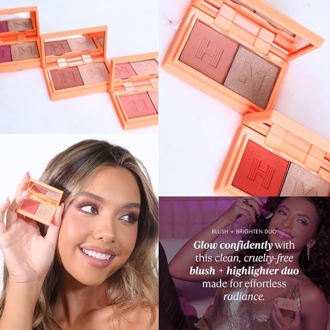 Mini Blush + Brighten Highlighter Duo, Lightweight Blendable Shimmer Blush, High Pigmented Makeup Powder Palettes, Cruelty Free - Don't Hurry, Be Happy!