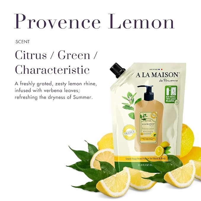 A LA MAISON French Liquid Hand Soap RefilL - Natural Hand Wash Made with Essential Oils - Biodegradable, Plant-Based, Vegan, Cruelty-Free (33.8 Fl Oz Pouch, 2 Pack, Provence Lemon)