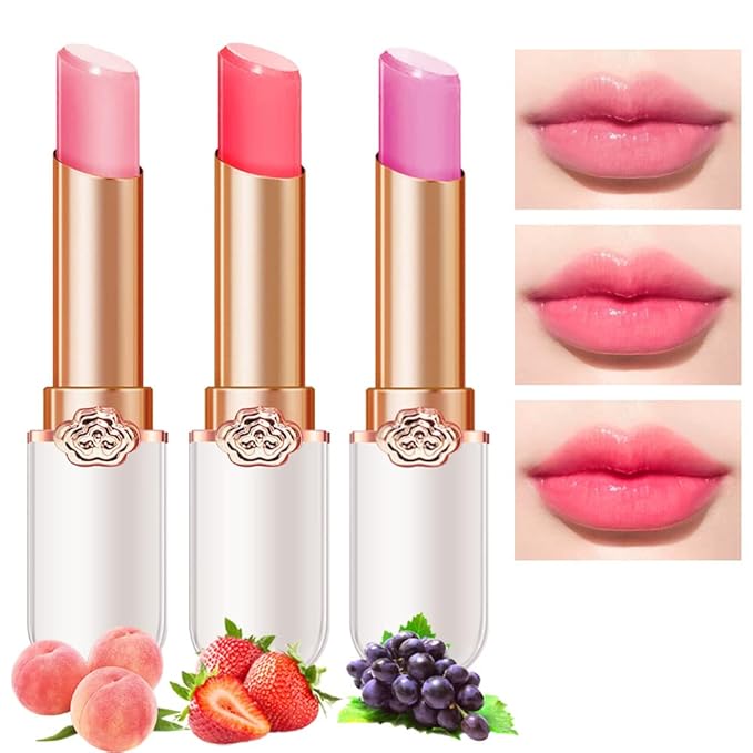 BINGBRUSH Peach Color Changing Lipstick,Moisturizer Long Lasting Lip Care Lip Balm Magic Lip Gloss Lip Tint Stain Gloss Set for Women (3 pcs Peach + Strawberry +Grape Lipstick)