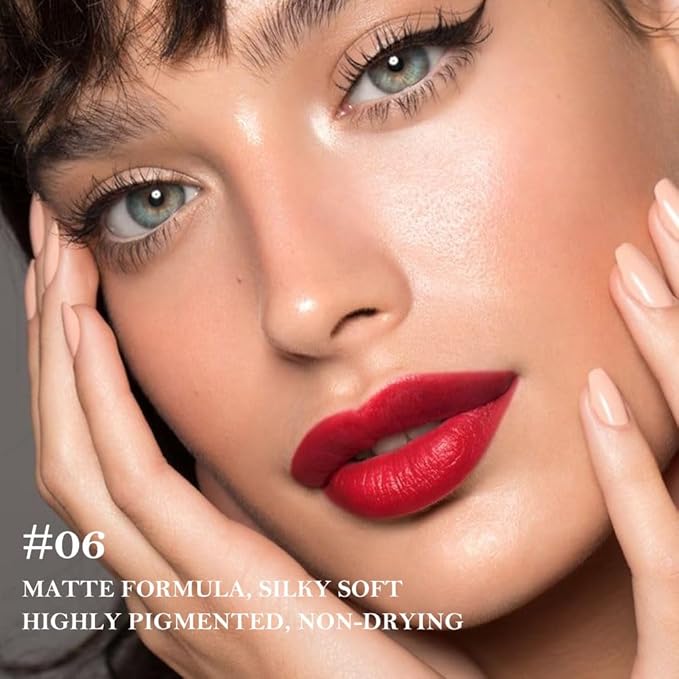 evpct Ruby Red Gradient Matte Lipstick Lip Liner Crayon Combo Pencil Set for Women Long Lasting Waterproof, Sexy Red Matte Cream Lip Liner and Lipstick Combo Makeup Flawless Gradual Ombre Effect, A06