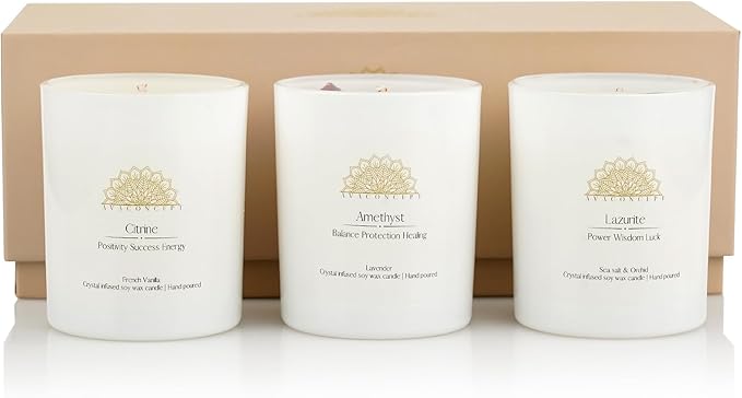 Soy Candles with Healing Crystals. Amethyst, Lazurite, Citrine Crystal. Lavender, Sea Salt & Orchid, French Vanilla. Positivity Energy Gift for Women, 3PC Scented Candle Set 3.5 oz Each