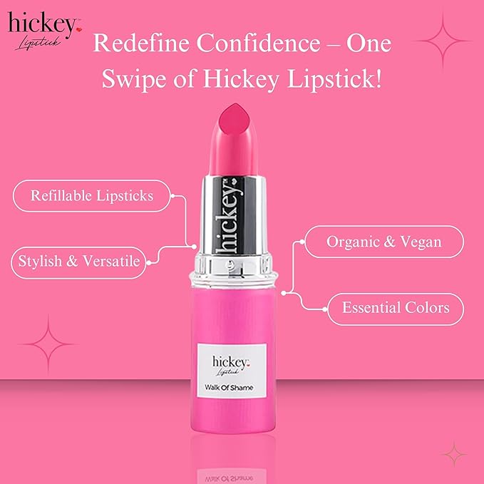 Hickey Lipstick Walk of Shame Organic Hot Pink Lipstick Refill - Long Lasting Lipstick for Women - Hydrating & Moisturizing Shade, Lip Color for Women, Gluten-Free & Vegan with Highly Pigmented