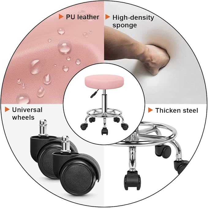 KKTONER PU Leather Round Rolling Stool with Foot Rest Swivel Height Adjustment Spa Drafting Salon Tattoo Work Office Massage Stools Task Chair Cushion 14 inches(Pink)