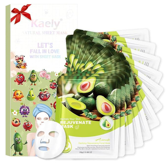 Kaely 12 Pack Avocado Face Masks for Kids, Kids Face Mask Spa Day Kit Supplies, Spa Party Favors for Teens Girls Night, Sheet Facial Mask Skincare Gifts Set, Hydrating Soothe for All Skin Types, 06