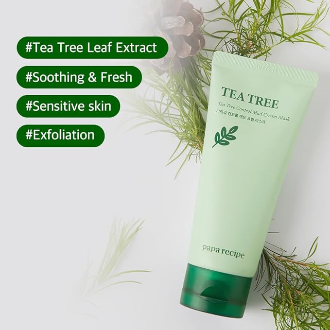 Papa Recipe Tea Tree Mud Mask – Kaolin & Bentonite Clay for Pore Care & Oil Control – Red Bean Exfoliation & Soothing Formula – Korean Skincare