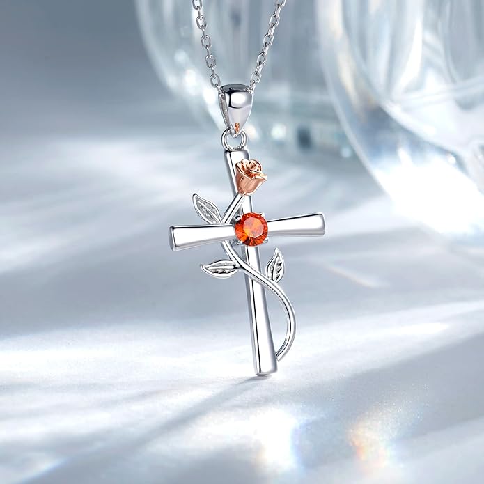 Cross Necklace for Women, 925 Sterling Silver Birthstone Necklace for Women with Rose Flower Birthstone Womens Jewelry Birthday Gifts for Wife Women