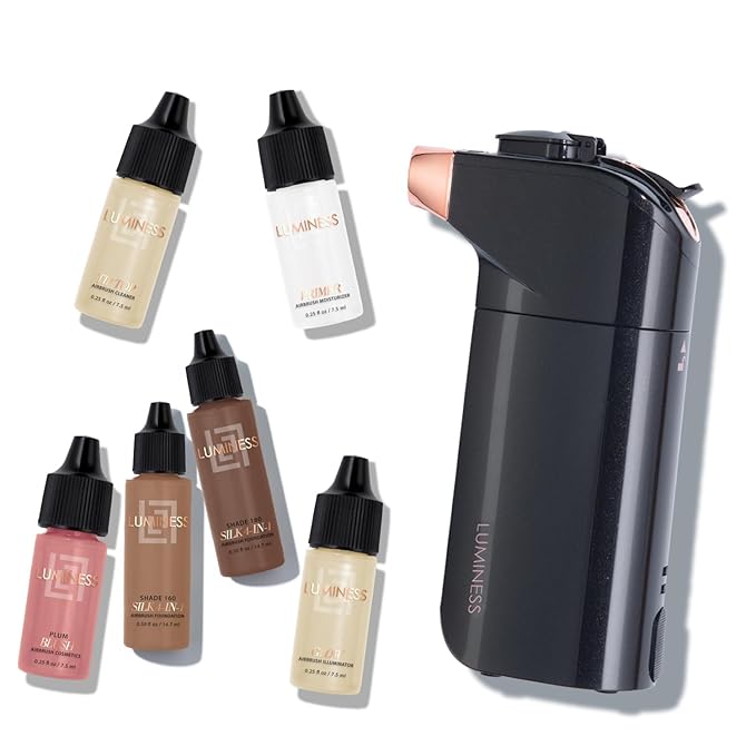 Luminess BREEZE DUO Airbrush Makeup System, Rich Coverage – 9-Piece Kit includes 2x Silk Airbrush Foundation, Plum Shade Blush, Glow Highlighter, Moisturizer Primer, and Airbrush Cleaning Solution
