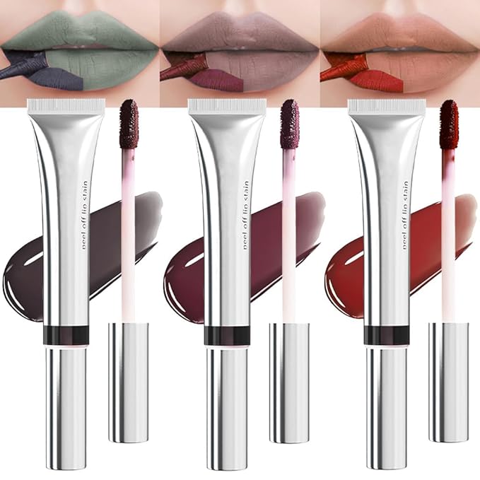 evpct Lip Tains Peel off, 3Pcs Peel off Lip Liner Tattoo Lip Stain Tint Gloss Makeup Set, Long Lasting Waterproof 24 Hours Matte Transfer-proof Color Stay Lipstick, Deep Green & Taupe & Brown