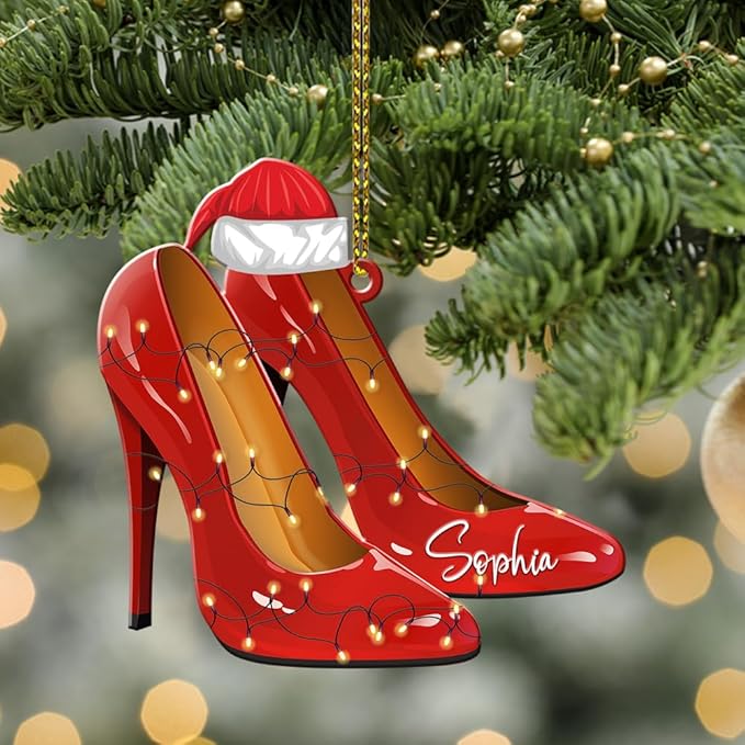 Personalized Name Red Shoes Christmas Shape Flat Ornament, Red High Heel Shoe Xmas Ornament, Shoe Lover Hanging Tree Keepsake, 97