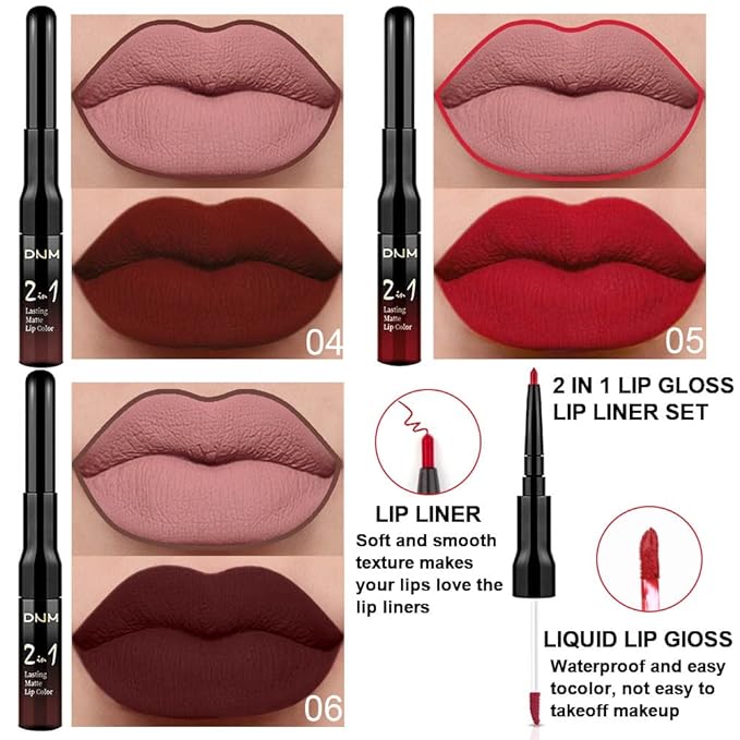 evpct 3Pcs Dark Brown Ruby Deep Red Matte Lip Liner Pencil and Liquid Lipstick Sets for Women Long Lasting Waterproof, 24 Hour Lipstick Lip Stick/Gloss Set labiales mate 24 horas originales, 02