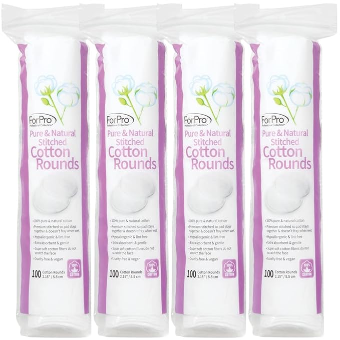 ForPro Pure & Natural Stitched Cotton Rounds for Face (400-Count), 100% Pure Cotton Makeup Remover Pads, Hypoallergenic, Lint-Free, Vegan & Cruelty-Free, Pack of 4-100 Cotton Pads