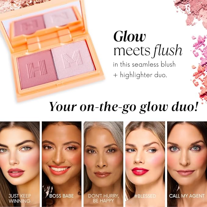 Mini Blush + Brighten Highlighter Duo, Lightweight Blendable Shimmer Blush, High Pigmented Makeup Powder Palettes, Cruelty Free - Don't Hurry, Be Happy!