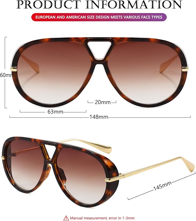 AIEYEZO Oversized Aviator Sunglasses Women Men Fashion Retro Big Frame Sun Glasses Designer Ladies Shades