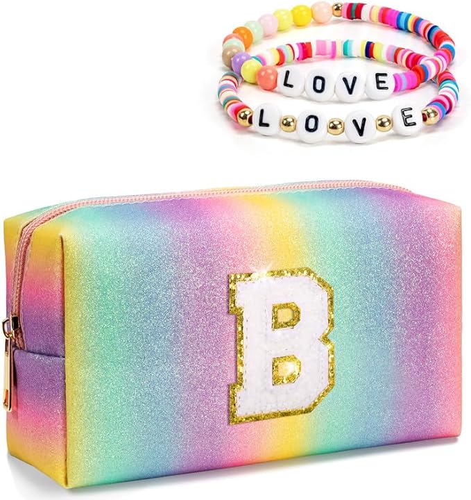 Personalized Gifts for Kids, Chenille Letter Make up Bag, Large Capacity Toiletry Pouch, Zipper Bag, Cute Gifts for 4 5 6 7 8 9 10 Girls, Birthday Gift for Teen Girl Little Girl (Large)
