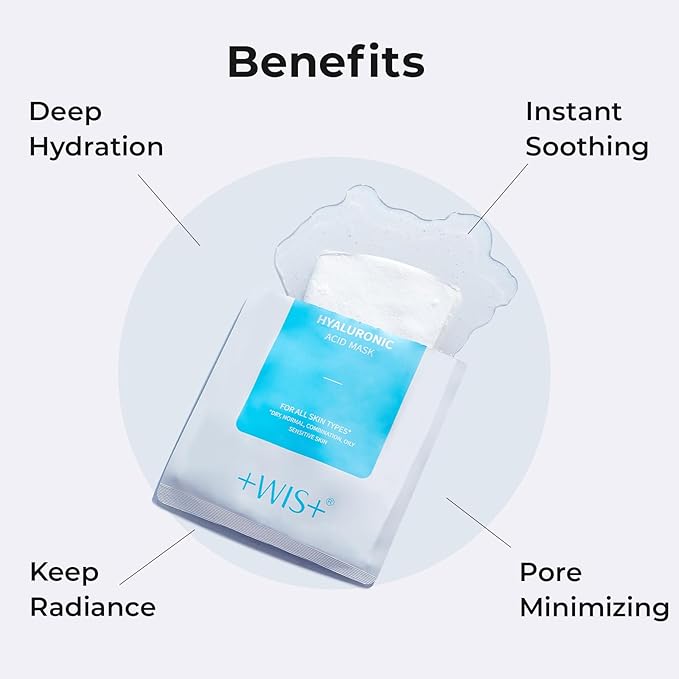 +WIS+ Hyaluronic Acid Sheet Mask 5 EA with Hyaluronic Acid Serum and Vitamin B5, Hydrating Facial Mask for Dry Skin, Anti-Aging Mask to Plump and Repair Dehydrated Skin, Safe on Sensitive Skin