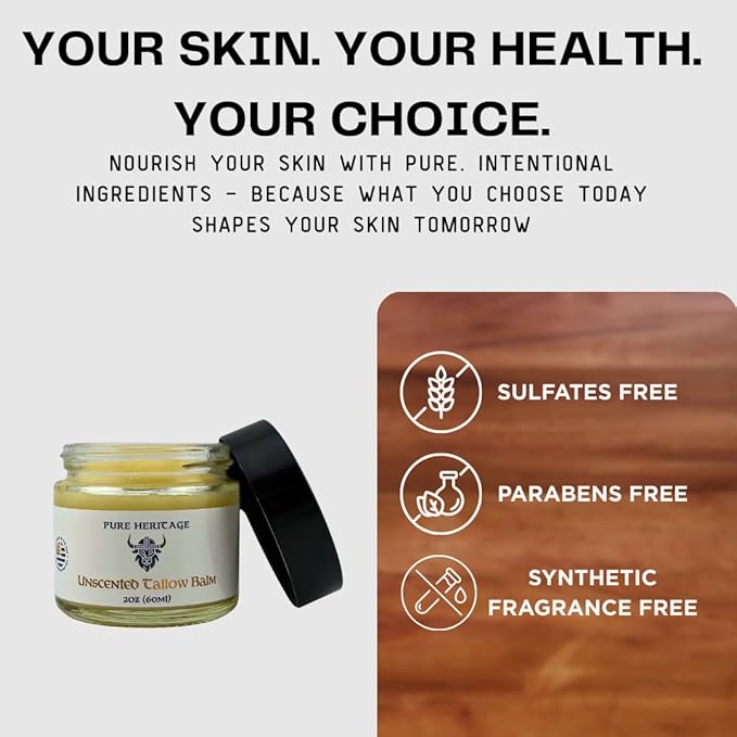 Pure Heritage Handmade Tallow Balm – Unscented Grass-Fed & Finished Moisturizer & Healing Cream | Natural Care for Sensitive Skin, Eczema, Rosacea, Babies, Men & Women (2oz)