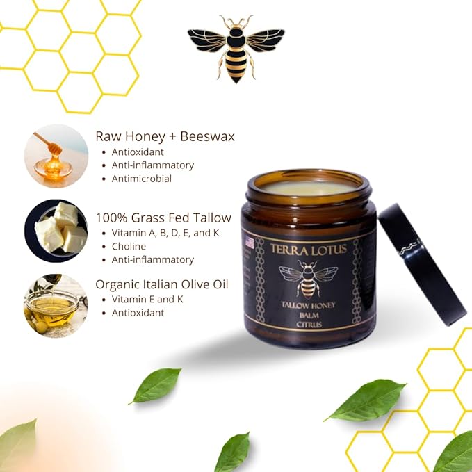 Organic Grass-Fed Beef Tallow Balm with Raw Honey - Moisturizing Cream for Soft, Smooth Skin - Handmade All-Natural Moisturizer (4oz, Citrus)