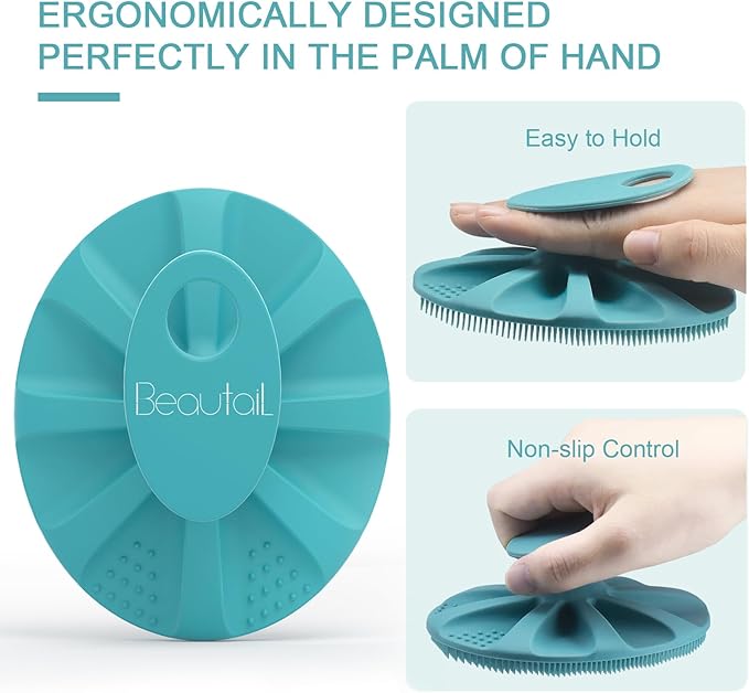 Silicone Body Scrubber Shower Bath Wash Brush Gentle Exfoliating Scrub Cleansing Loofah for Women Men Baby Sensitive Skin, Easy to Clean, Lather Nicely, More Hygienic, 1 Pack, Cyan