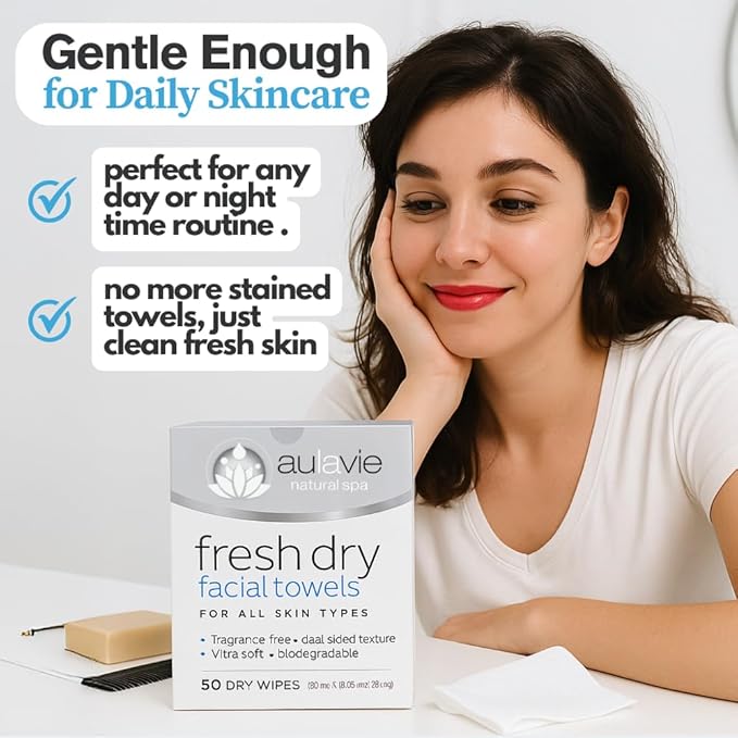 AULAVIE Fresh Disposable Face Towels, XL Self Care Dry Cleansing Cloth for All Skin Types, Ultra Soft Makeup Remover Wipes, Dry Towelettes for Acne and Skincare, Biodegradable; 10"x12" - 50 Wipes