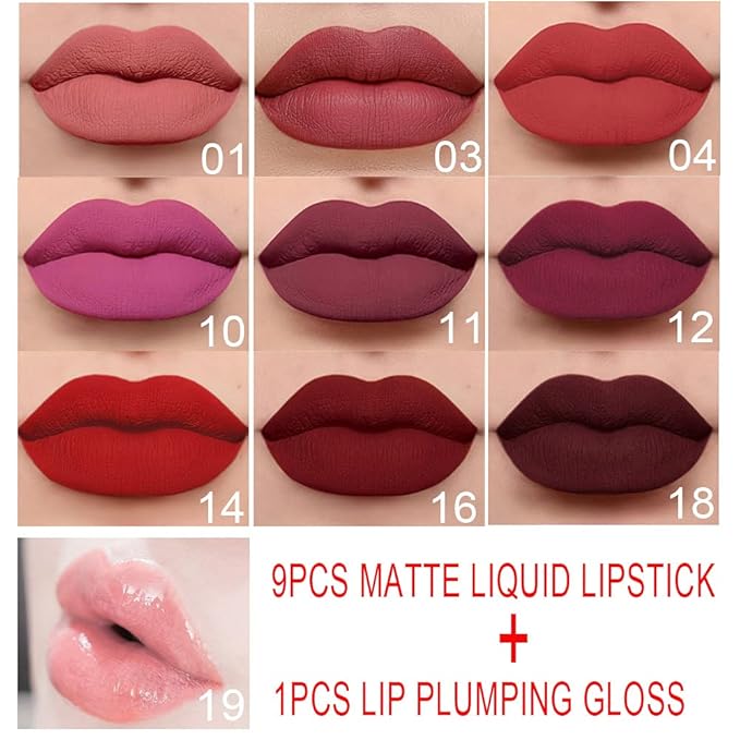 evpct 9Pcs Deep Red Black Matte Liquid Lipsticks + 1Pcs Clear Lip Plumping Plumper Gloss Makeup Set Long Lasting Lipstick 24 hour Waterproof labiales matte mate larga duracion 24 horas originales