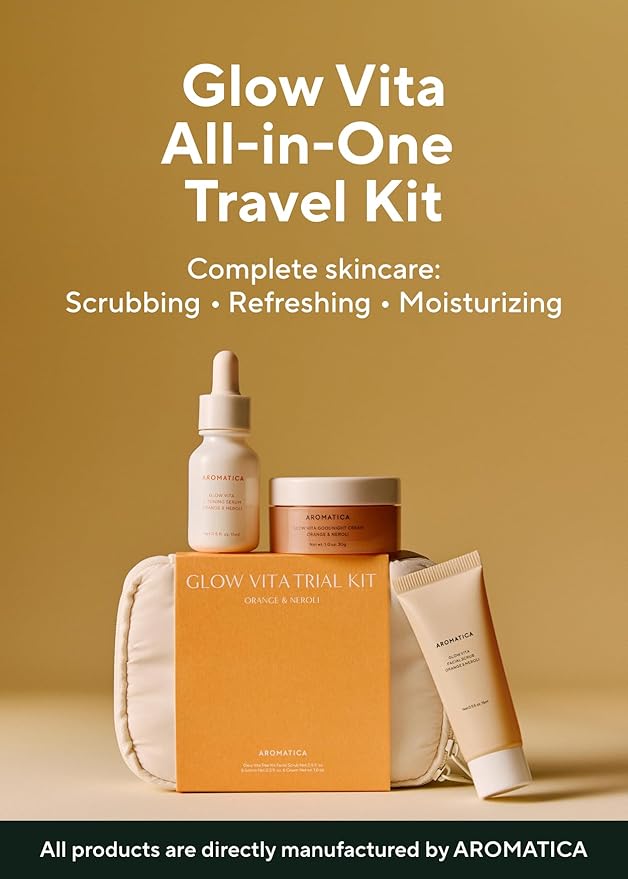 AROMATICA Glow Vita Trial Kit - Travel Size Skin Care Set [Vitamin C Serum 0.5 fl. oz, Facial Scrub 0.5 fl. oz, Goodnight Cream with Retinol 1oz] - Travel Kit for Women