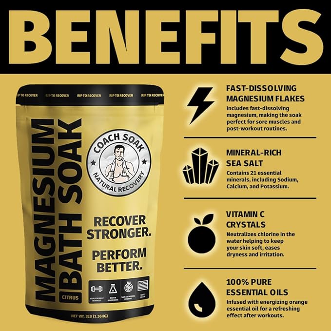 Coach Soak Recovery Bath Soak - Alternative to Epsom Salt Bath Soak - Fast-Absorbing Pure Magnesium Flakes with 21 Minerals, Bath Salts & Essential Oils - 3lbs, Energizing Citrus