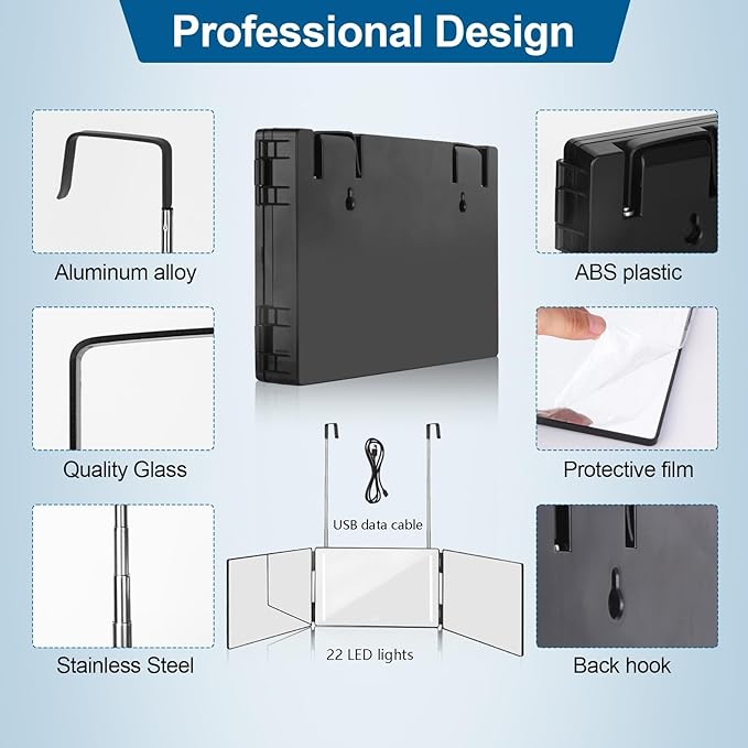 LED 360° Viewing Mirror for Hair Cutting and Styling, Adjustable Height Mirror with Lights for Grooming, Makeup and Shaving, Clear HD Glass, Portable for Bathroom or Travel (Black)