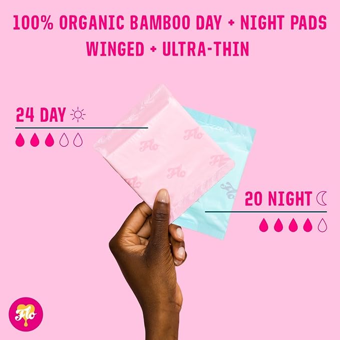 Flo Bamboo Period Pads with Wings Combo Pack 24 Day and 20 Night Pads - 34
