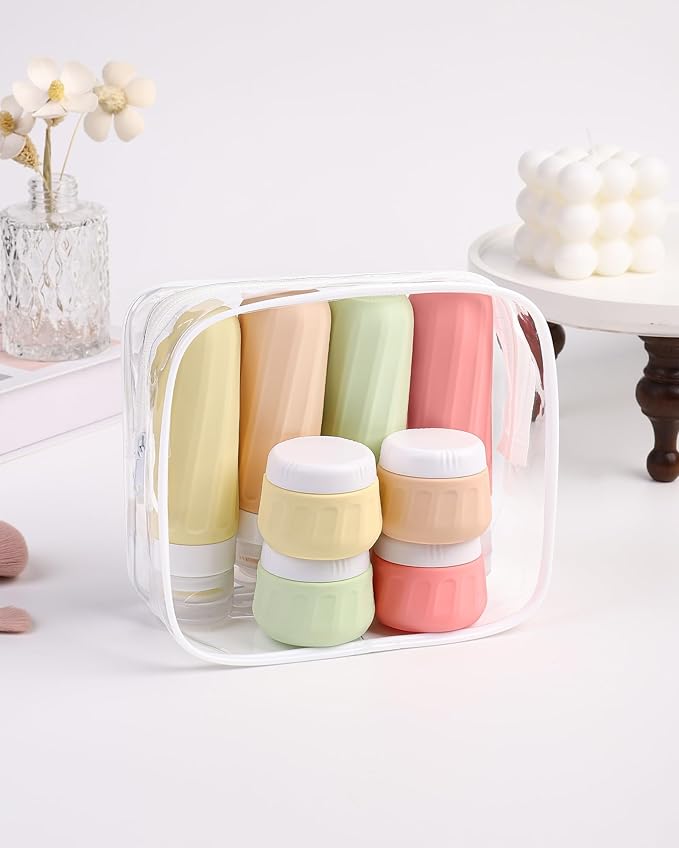 Travel Bottles for Toiletries 8 Pack, Travel Size Toiletries, Tsa Approved Travel Size Containers 3oz, with Travel Essentials Clear Bag, Leak Proof Silicone Squeezable Creams Jars