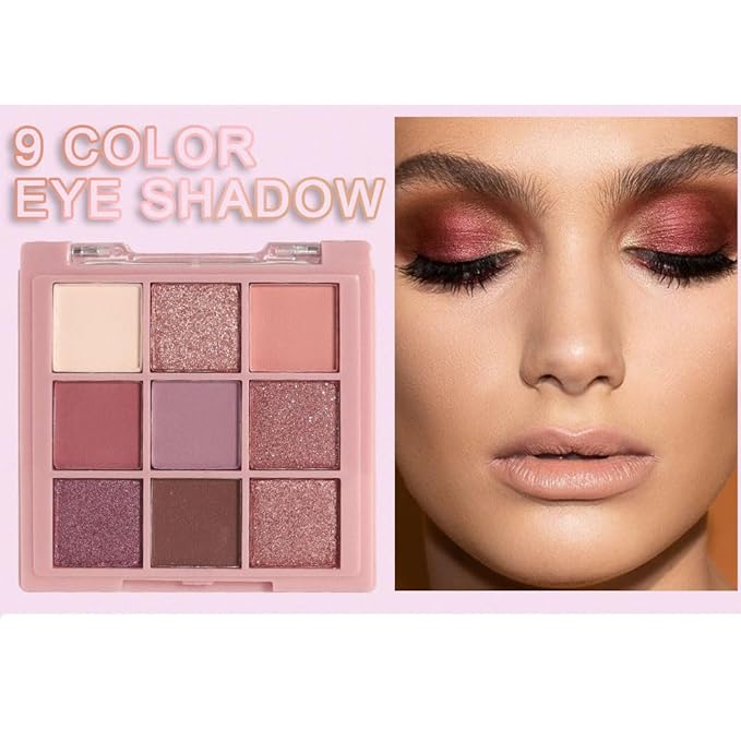 9 Colors Colorful Eyeshadow Palette Makeup,Rose Gold Brown Purple Nude Matte Shimmer Neutral Eye Shadow Powder Palette,Naturing-Looking Long Lasting Waterproof