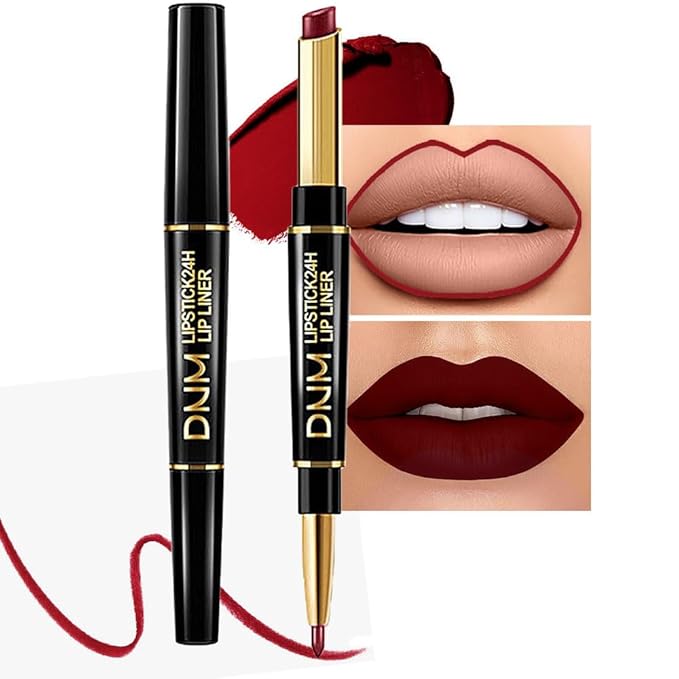 2-in-1 Dark Burgundy Wine Red Matte Lip Liner and Lipstick Set – Long Lasting 24H Waterproof Red Lip Stain, Smudge Proof Lip Pencil Kit, Lip Makeup for Women and Girls, 09 Combo lapiz de labios
