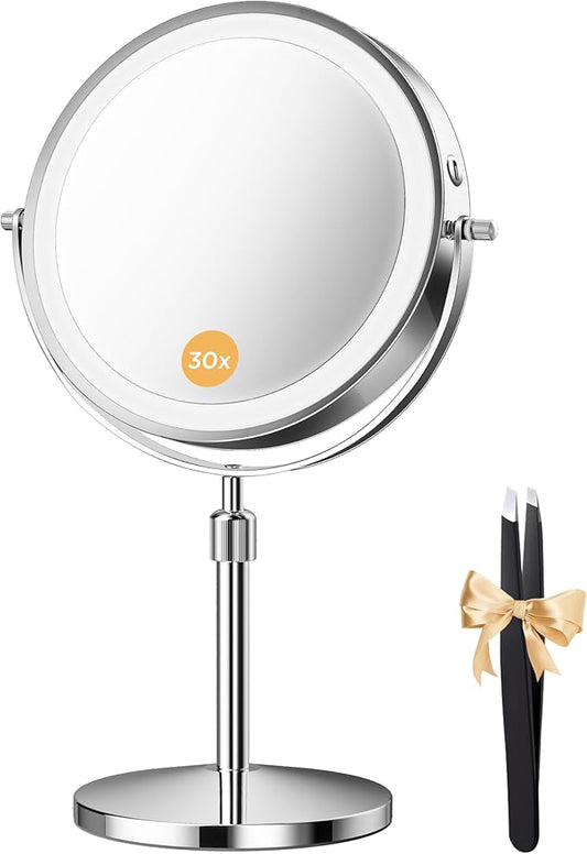 Makeup Mirror, 1X/30X Double Sided Magnifying Mirror/Switch with 3 Colors, 3200 mAh Rechargeable Vanity Mirror with 360° Rotation, Brightness Adjustable Magnification, Women Gift