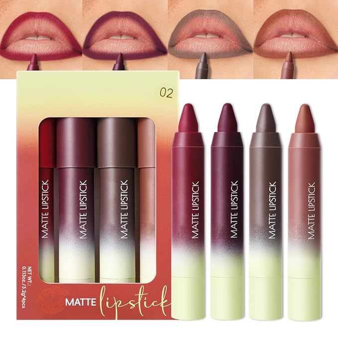 BINGBRUSH 4PCS 2in1 Matte Lip Liner and Lipstick Combo, Lipstick for Women, Longwear Waterproof Lip Liner Pencil, Matte lipstick Smudge Proof, Women's Long Lasting Lip Makeup (Set02 05#+06#+07#+08#)