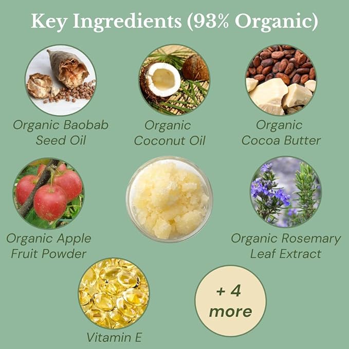 Organic Baobab & Coconut Omega Body Scrub 7oz. Omega rich exfoliator for acne, wrinkles and marks. Vegan, Gluten/Phthalates/Parabens Free. Made in USA.