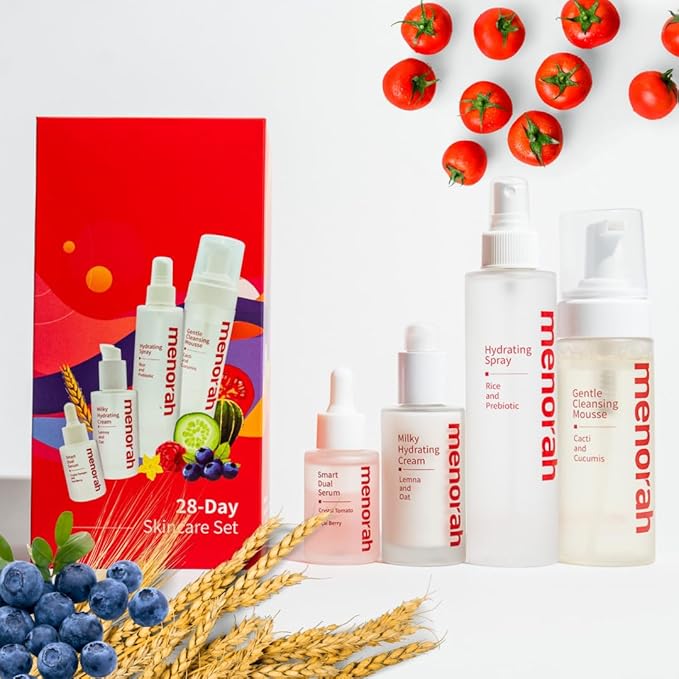 menorah Skincare Daily Skincare Set – Facial Cleanser Foam, Hydrating Toner, Anti-Aging Serum, Moisturizing Cream + Free Headband – Gift Set for Women