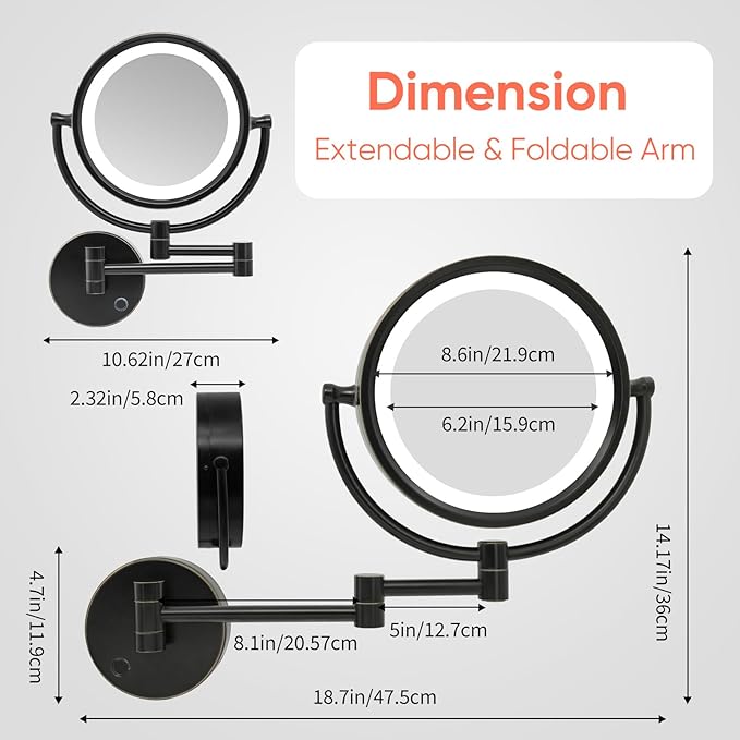 GURUN 8.5 Inch Magnifying Makeup Mirror with 3 Tones Dimmable LED Lights Double Sided Touch Control Vanity Mirror for Bathroom with 10X Magnification M1809DO-T (Oil-Rubbed Bronze/10X)