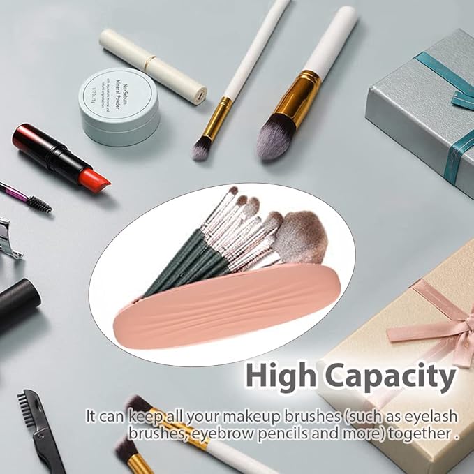Travel Makeup Brush Holder Silicon Trendy Portable Soft Sleek Cosmetic Face Makeup Tools Organizer Container Small Case for Travel (BRUSHES NOT INCLUDED) (pink-1pcs)