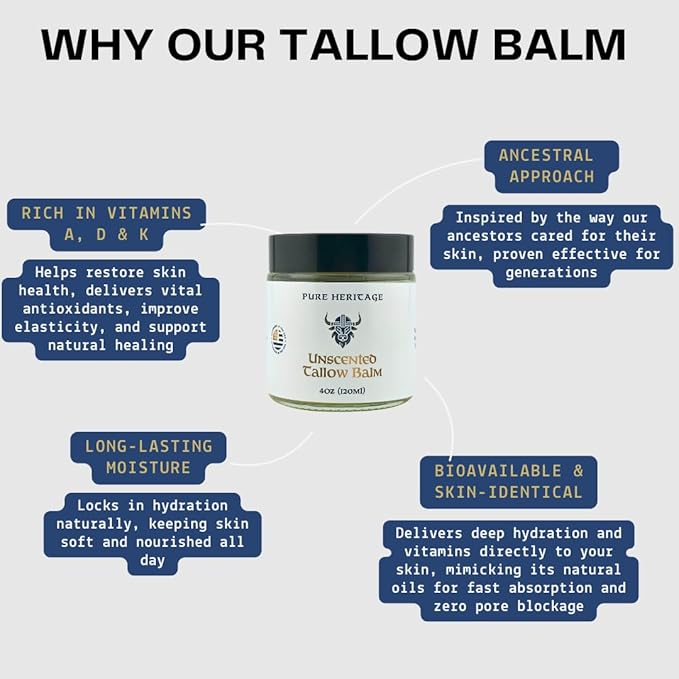Pure Heritage Handmade Tallow Balm – Unscented Grass-Fed & Finished Moisturizer & Healing Cream | Natural Care for Sensitive Skin, Eczema, Rosacea, Babies, Men & Women (2oz)