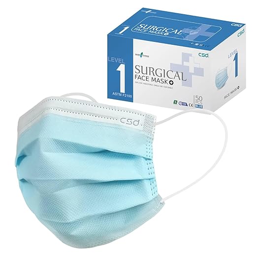 CSD Colo 50 Pcs ASTM Level 1 Disposable Face Masks, 3 Ply Adult Mask with Elastic Ear Loop, Nose Bridge Clip, Breathable Comfortable Mask Great for Indoor, Outdoors Use (Blue)