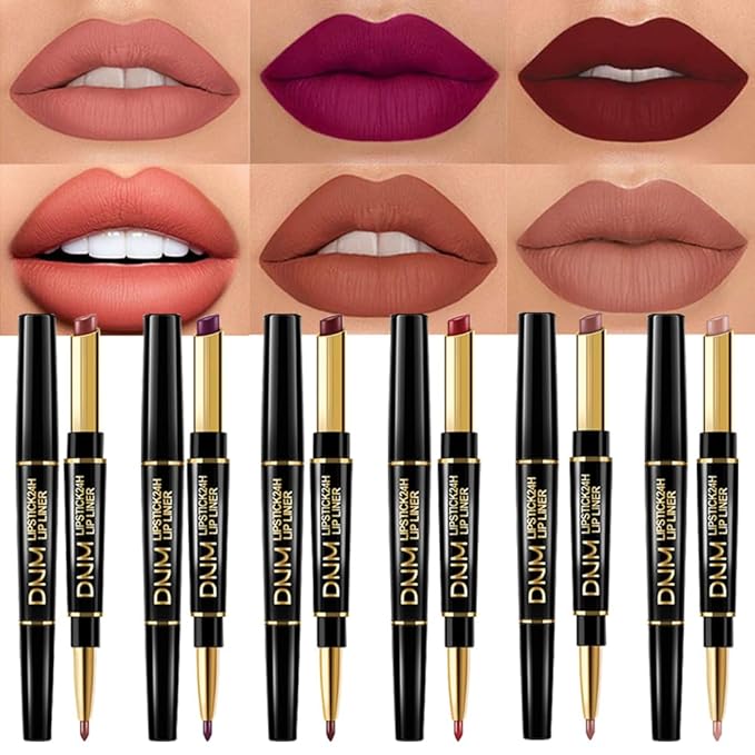BINGBRUSH 6Pcs Double Ended Rose Wine Nude Brown Plum Purple Red Matte Lip Liner and Lipstick Makeup Combo Set for Women,Lipliner 24 Hours Original Waterproof Long Lasting Lip Stains Pencil Kit Set