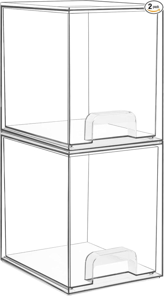 Vtopmart 7.6" H Clear Stackable Storage Drawers, 2 Pack Plastic Organizers Bins for Skincare, Cosmetics,Beauty Supplies,Ideal for Vanity, Bathroom,Kitchen Countertop,Cabinet Organization