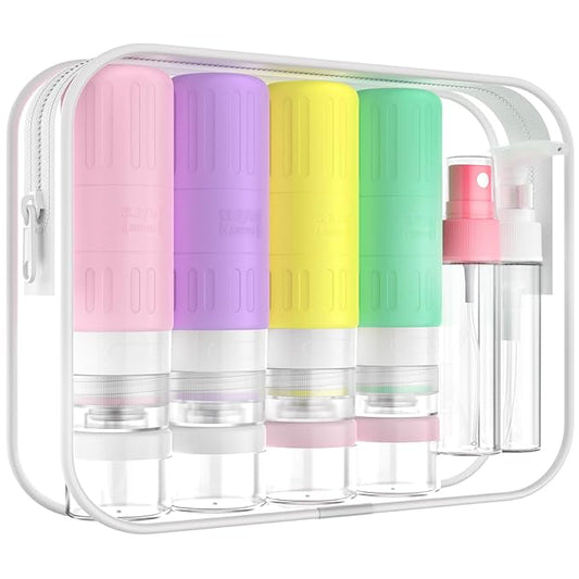 GLAMFIELDS Travel Bottles for Toiletries,TSA Approved 3.3oz Size LeakProof Silicone Toiletry Containers for Shampoo, Conditioner,Easy to Squeeze，Portable Travel Essentials for Lotion(18 Pack) Macaron