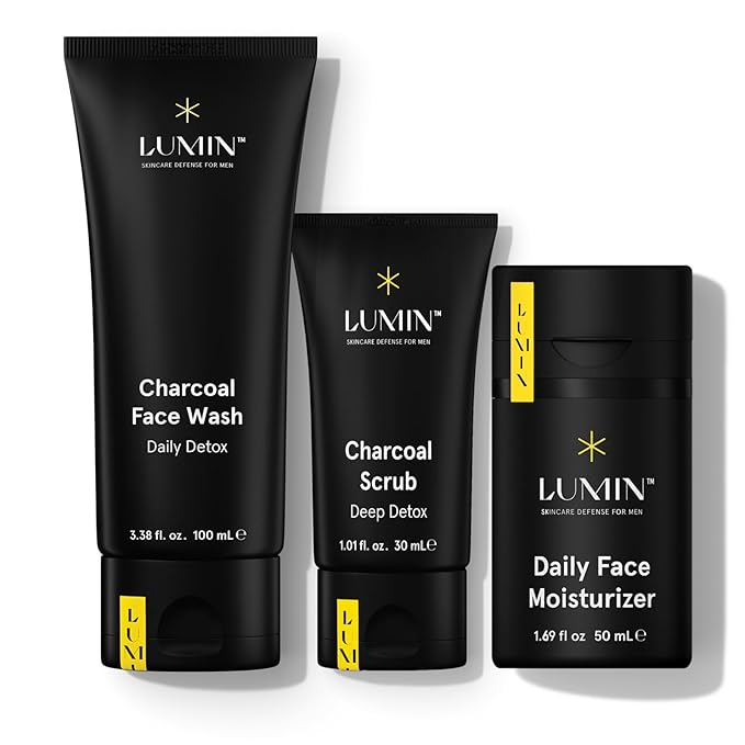 Lumin - Smooth Operator Detox - Men's skincare kit, Includes: Charcoal Face Wash Daily Detox, Charcoal Scrub Deep Detox & Daily Face Moisturizer, Suitable for all skin types, Two Month Supply