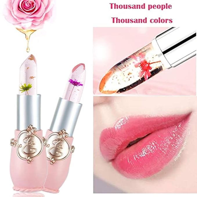 BINGBRUSH 2Pcs Ph Lipstick Color Changing,Pink Crystal Jelly Flower Clear Mood Long Lasting Labiales Lip Care Moisturizer Lip Balm Korean Magic Lip Gloss 24 Hours Lip Tinted Stain Makeup Set for Women
