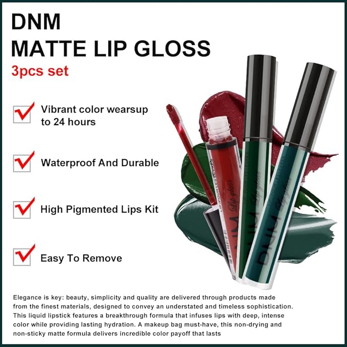 AMY'S DIARY 3Pcs Dark Red Green Matte Liquid Lipstick Sets,Matte Lipstick Lip Stain Long Lasting 24 Waterproof Lip Gloss Gift Set Matt Liquid Makeup Lipstick for Women