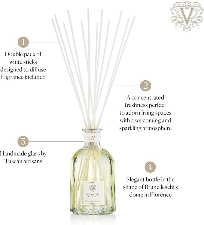 Dr. Vranjes - Ginger Lime 250 ml Diffuser + Double Pack of White Sticks (3 Pieces Bundle)- Luxury Home Fragrance, Made in Italy, Main Scent: Fruity, Olfactory Pyramid: Lime, Ginger, White Pepper.